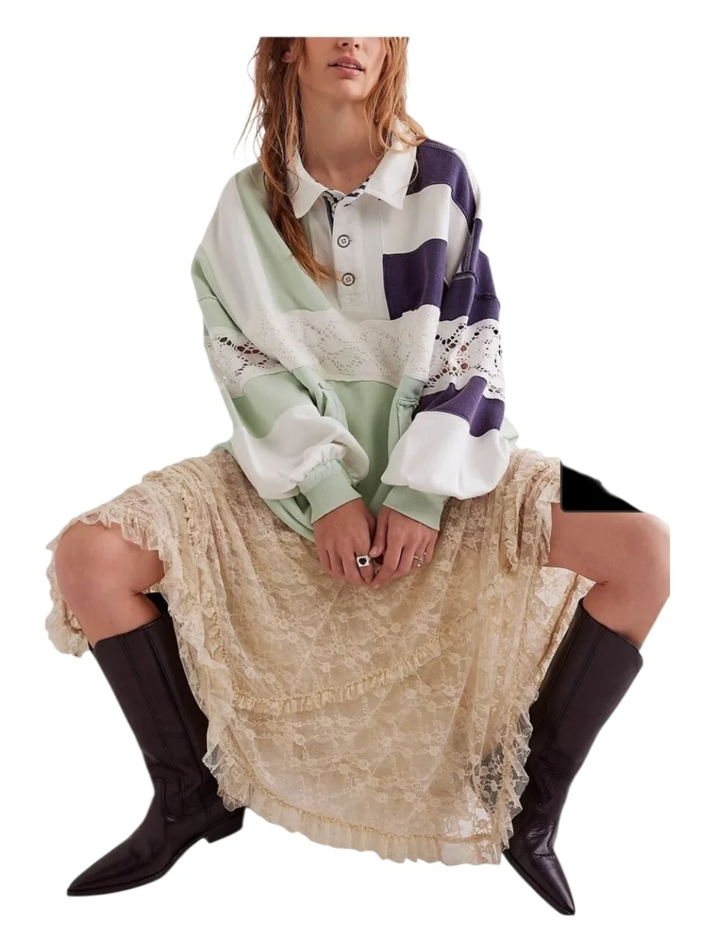 We The Free Lace-Trim Oversized Rugby Pullover in Mint, White & Purple - Picture 4 of 4